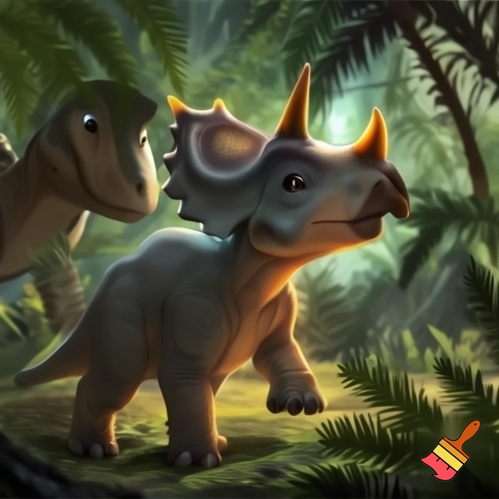 Draw a baby triceratops in the wild with a glowing nose horn and another dinosaur looking at him curiously 