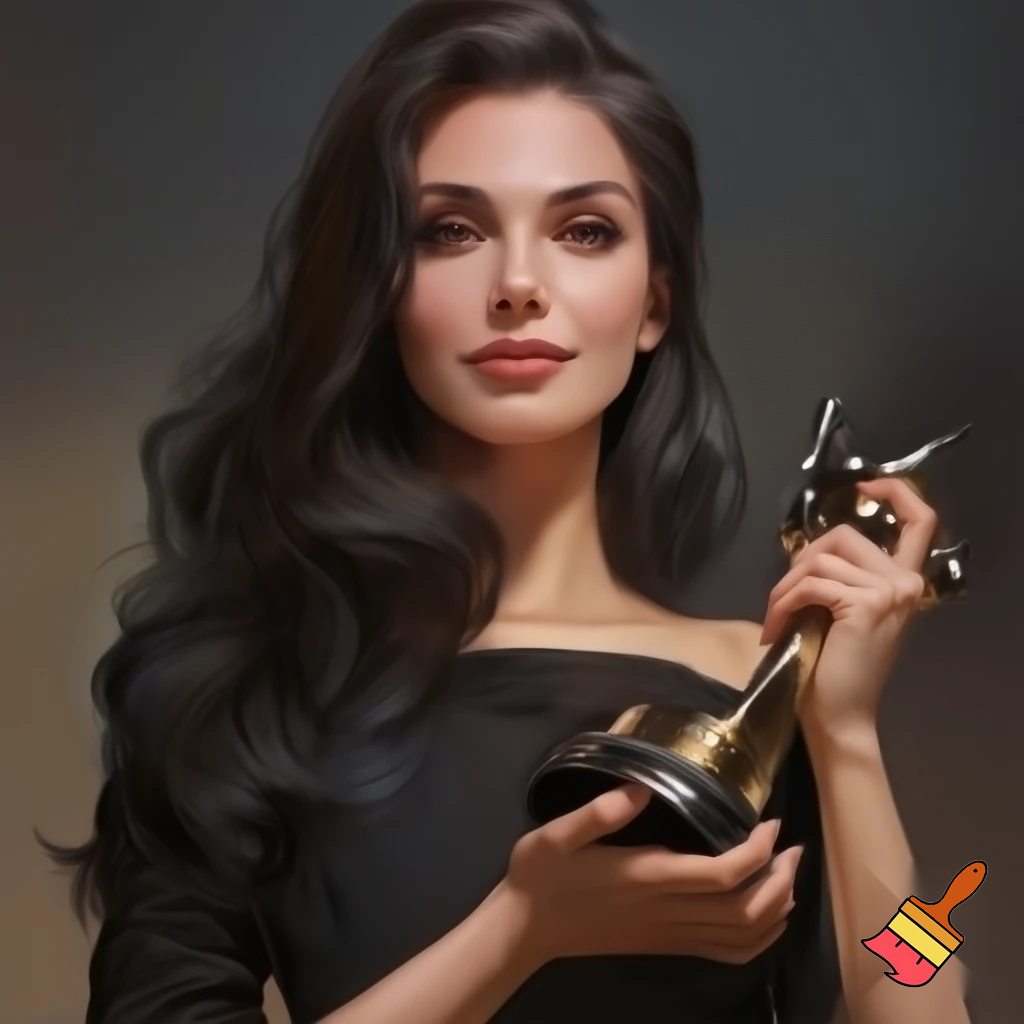 “A woman with long wavy dark hair, strong eyebrows, and a calm expression, wearing a black dress, holding a trophy.” realistically