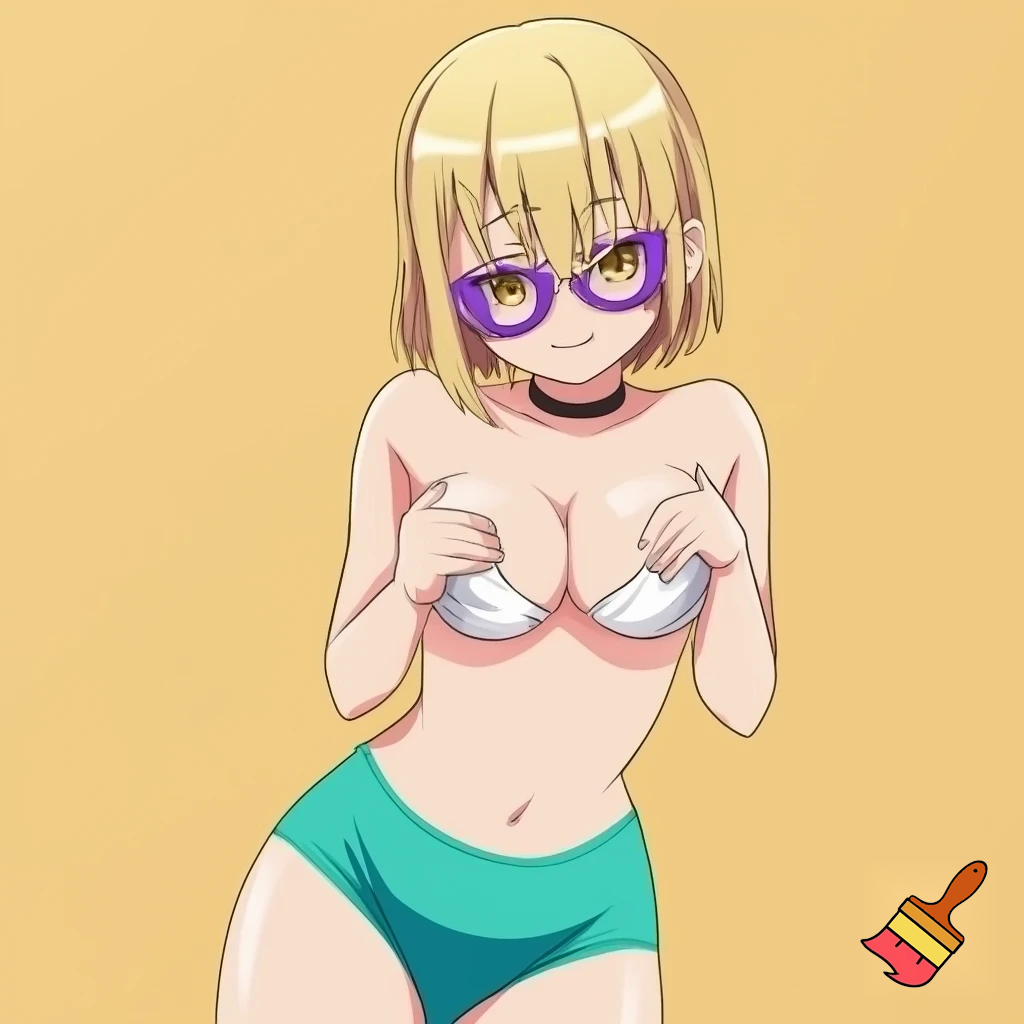 Anime girl with small breasts in a Bra and a Seductive Smile, purple glasses, cute with teal underwear clothes and blonde hair and hazel eyes