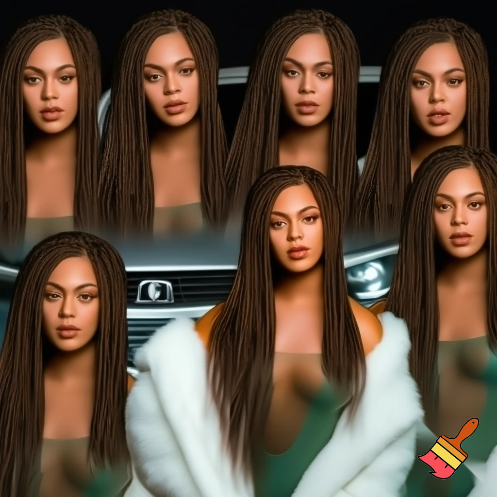Beyonce with long african brown box braids with brown makeup wearing a dark pastel transparent green bodysuit with a white fur coat on standing in front of a car ,photoshoot, face angle face  ,face angle close up 6 differents poses