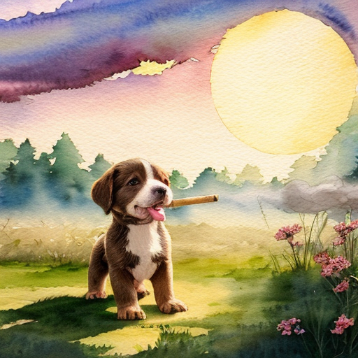 Roztomilé hnědé štěně drží v tlamě  lehce kouřící klacík, stojí proti zapadajícímu slunci, kolem louka a les. Kouř tvoří jemný obláček. Pohádková ilustrace, měkké světlo, dětský akvarel, hravá atmosféra.