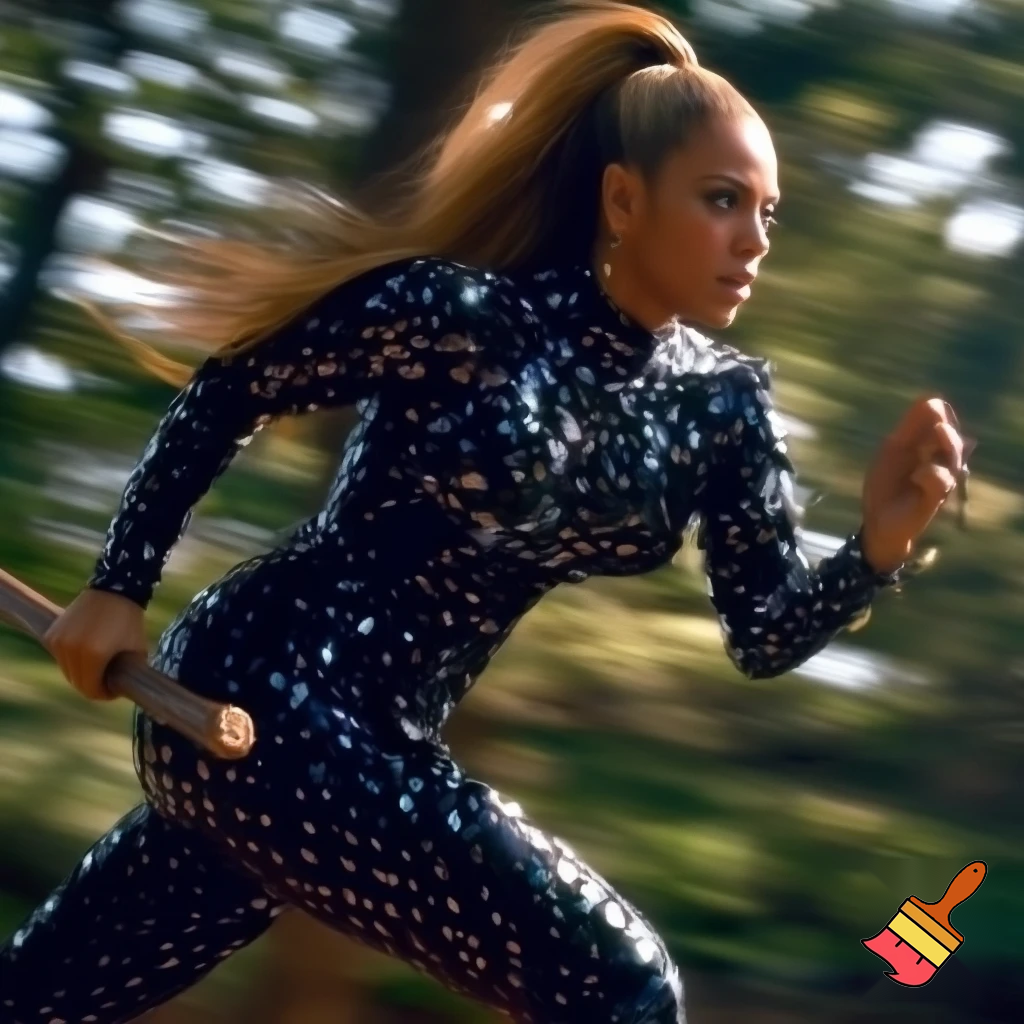 Beyonce with honey blonde slick ponytail runnning blurry photo with a diamond bodysuit chasing with a stick angry trough the woods close up of her face