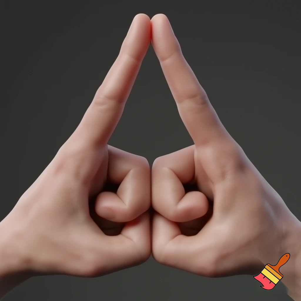 two hands in a fist, the pointer finger and thumb are out, the hands are aside eachother making a triangle shape like a warning symbol.