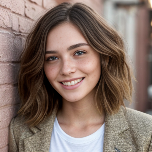 A young, light-skinned woman is positioned in the center of the frame, smiling broadly with her head tilted slightly. She appears to be in her early twenties. Her short, choppy hair is dark ginger color. She's wearing a light olive blazer over a white t-shirt. The woman has a slender build.
er skin is heavily speckled with numerous, small freckles, a prominent feature that covers her face, including the forehead, cheeks, nose, and chin.   The environment has a casual, bright feel. The perspective is at eye-level. The composition is well-balanced, emphasizing the subject's cheerful expression. The lighting is soft, highlighting the colors of her clothing and hair. The style is contemporary and youthful.