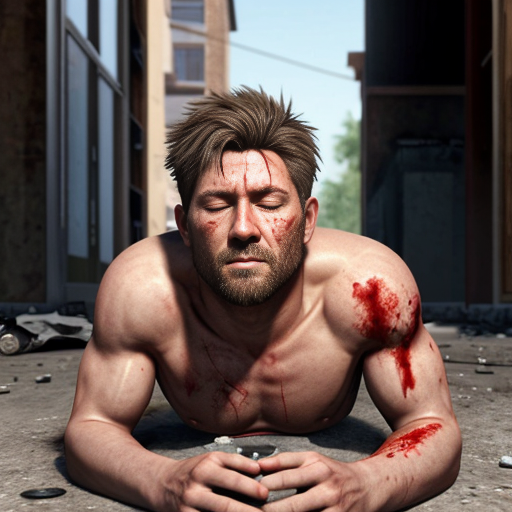 shirtless random man (neighbor, not everyone has 6 pack.), face are hiding by shirt, dead already (due shotgun), chest are open wounded circle, blood everywhere, gibs everywhere, ribs are broke in chest, eye closed, floor (on random place like empty place) on corpse body, lying down on floor.