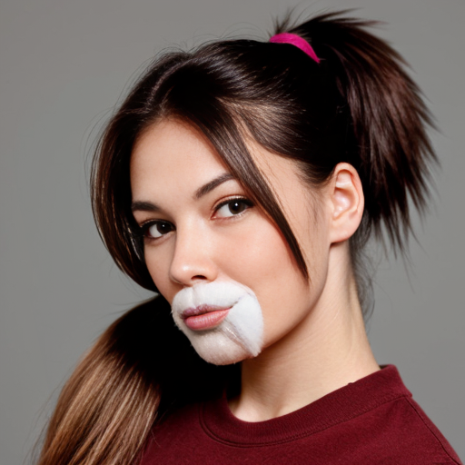 CREATE ME AN IMAGE OF A BEAUTIFUL WOMAN WITH HAIR IN A PONYTAIL AND A SLIGHT FUR ON THE UPPER LIP ON THEIR FACE