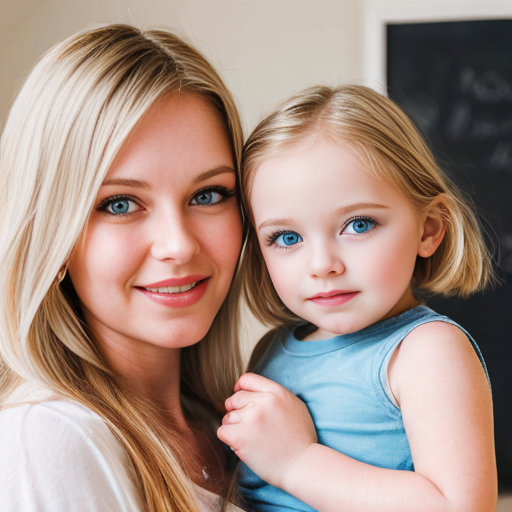 create a daughter that is 2 year with blonde hair and blue eyes and mother who is 27 years old with dirty blonde hair and blue eyes