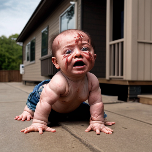 Baby crawler MUTANT DEFORMED grotesque EXPIREMENT UGLY GROSS DISGUSTING OUTSIDE SURROUNDING A HOUSE