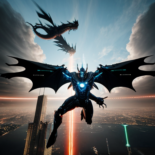 A dragon armored high-tech superhero flying in the sky with energy thrusters, mechanical dragon wings deployed, shooting energy beams from hands, futuristic city below, dramatic clouds, cinematic action shot, motion blur, ultra realistic, 8k, dynamic pose