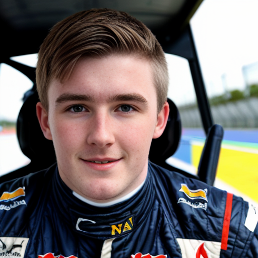 generwate an image of conor macmanus from ireland brown hair 5 ft 6 and from blackrock colage and with a blue quater zip first year riding a f1 car no helmet still wearing the quater zip