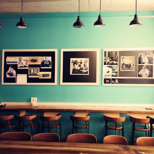 wall of cafe with lots of pictures and decorations