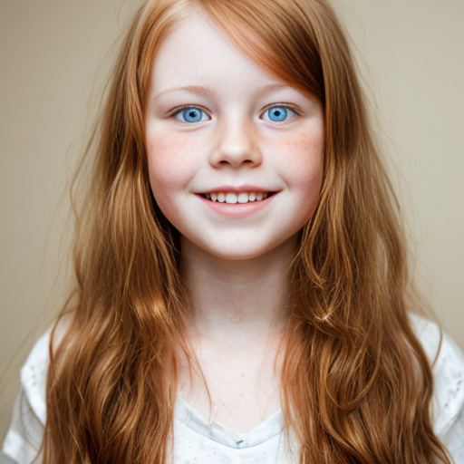 a girl 14 yeras old with long ginger strait hair round face lots of freckles