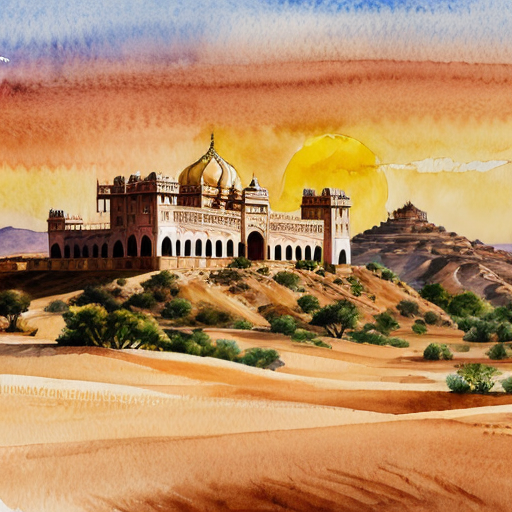 Ancient Rajasthan kingdom Vijaypur, grand palace on desert hills, golden sunset, royal flags waving, cinematic wide shot, ultra realistic, 4K historical Indian kingdom