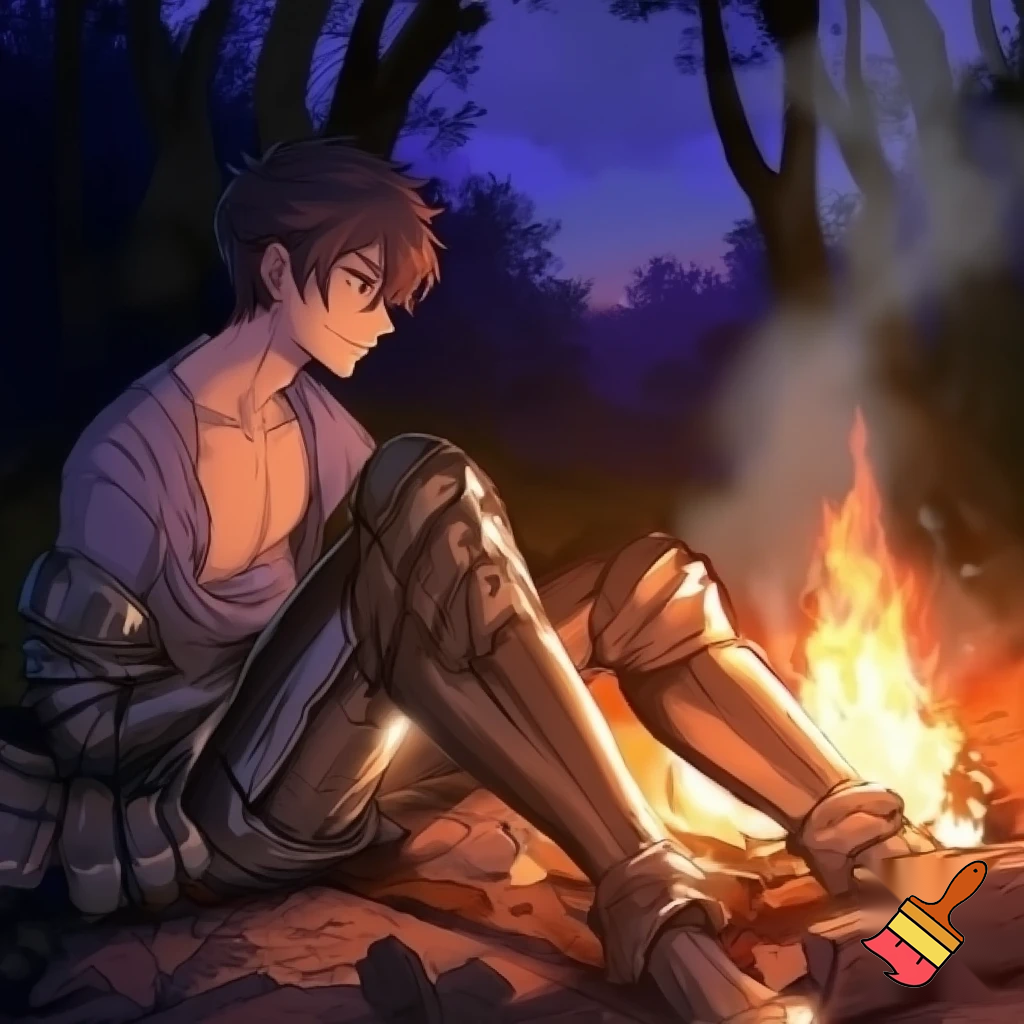 An anime knight with his armour off sitting around a campfire with his shirt off and only 