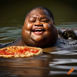 fat black guy who isn't wearing a shirt in a swamp with pizza fighting crocodiles