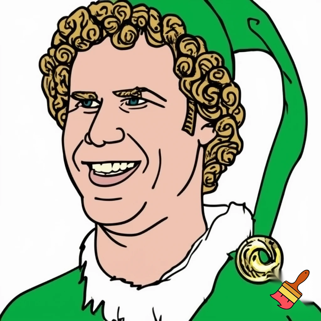 Create a detailed cartoon illustration of Buddy the Elf character when he is really excited to see Santa Claus. He looks exactly like Will Ferrell in a green elf outfit and hat. He's super excited to see Santa! Use a clean vector-style line approach suitable for print. Limit the palette to no more than four solid colors. Apply precise cel-shading for depth and readability. Focus exclusively on the elf—do not include any background elements or additional objects.