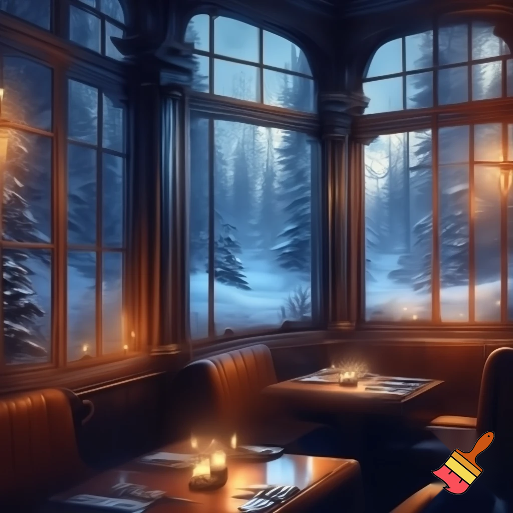 Generate a picture of a cozy fancy Steakhouse, in a neighbourhood forest in the winter with a nice and cozy interior shown by the wooden framed windows.