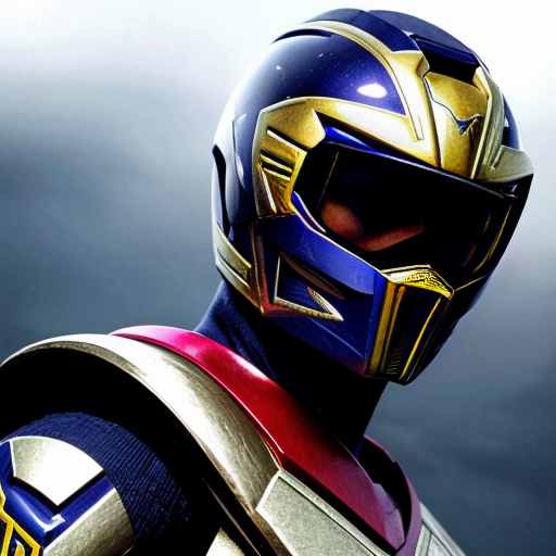 A midnight blue Mighty Morphin ranger with megalodon like features on the helmet and the spine in the full body like a picture of the full body