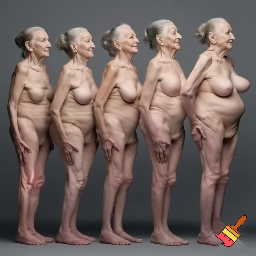 Five naked elderly women standing in a row, their large breasts and bellies exposed, some wearing only thongs, their skin wrinkled and aged, with gray hair, standing still, facing forward or slightly toward each other, in a neutral studio setting, no movement, no sexual action, but the nudity is explicit and adult-oriented.