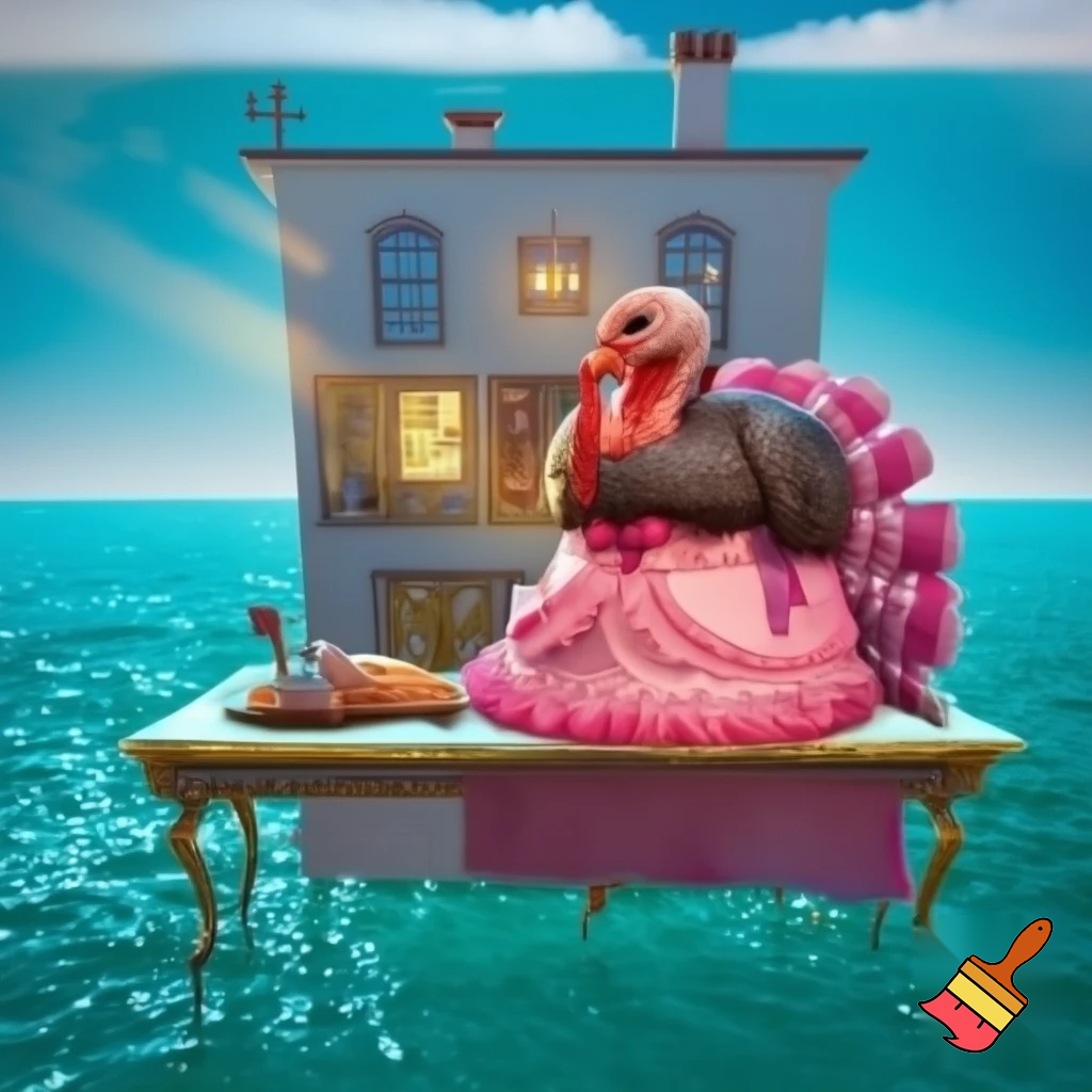 make me a turkey in a pink dress eating stufed turkey in a house of thye middle of the sea
