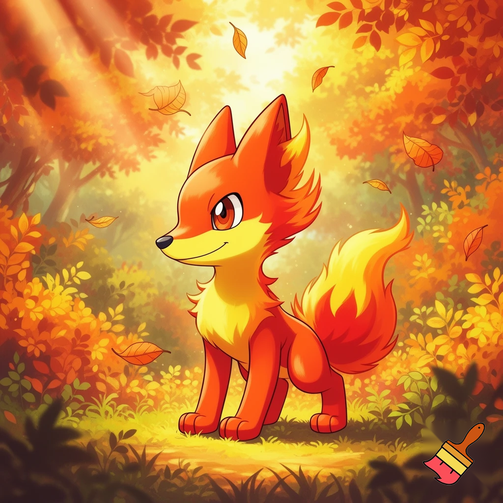 anime pokemon digimon style orange red and yellow wolf rookie cute tails prower semi rubberhose body one being in image