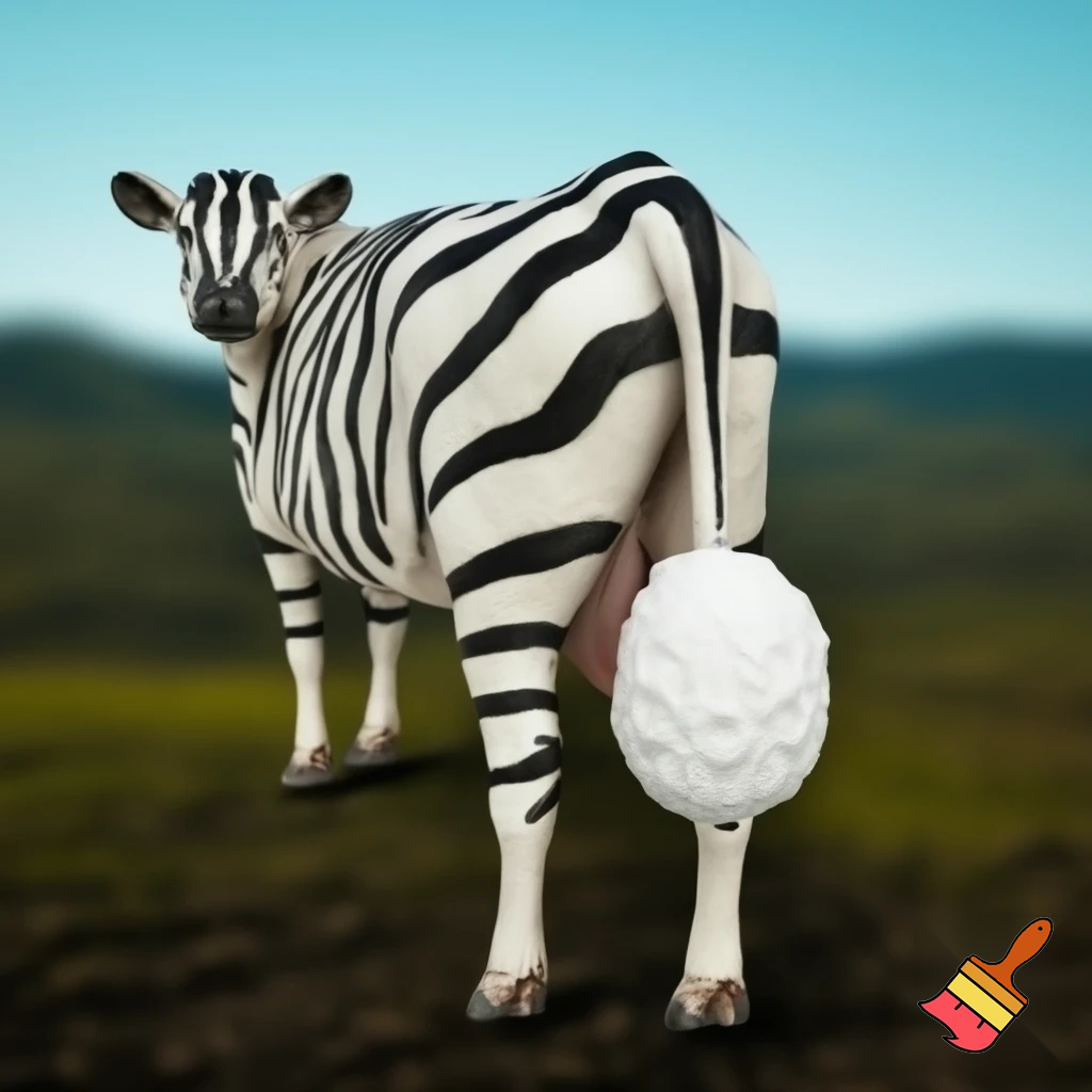 cow with zebra stripes and sheep tail