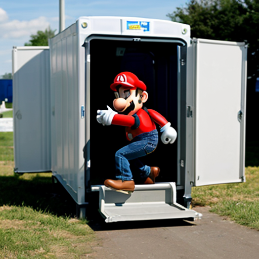 Mario jumping through portable toilets