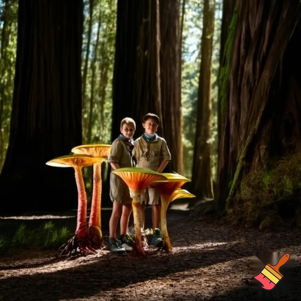 scouts in redwood forest with big mushrooms