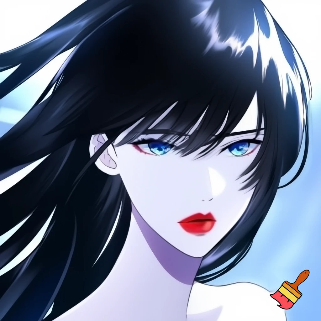 Female lead manhwa long black straight hair , ocean blue eyes, white skin ,red lips