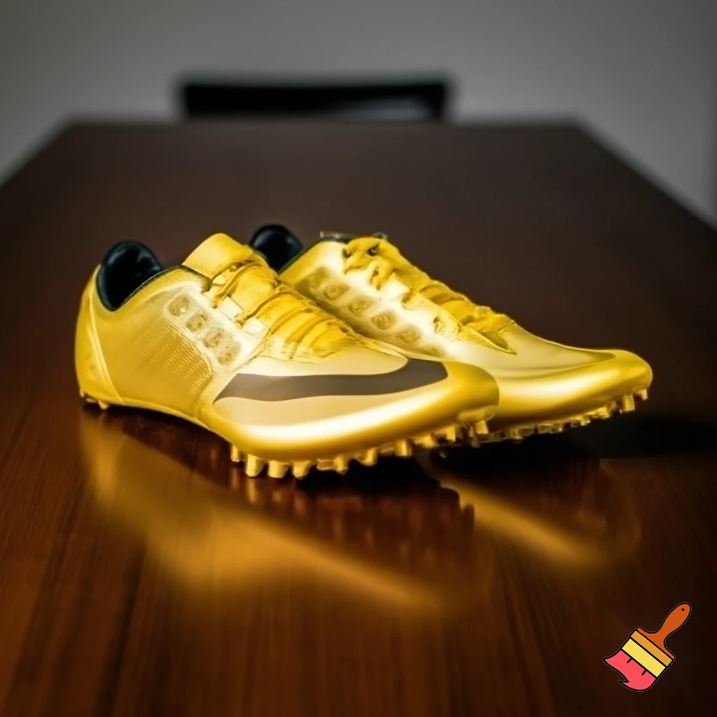 gold-yellow track shoes on a table