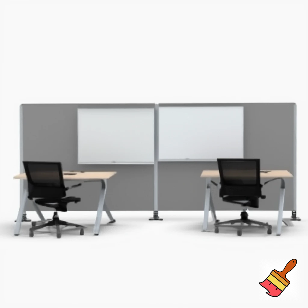 to arbejdsstationer , som består af 2 vægge 1,5 m høje, som står overfor hinanden ( på den ene - er whiteboard, på den anden - en skærm), med et klapbord på den ene side af hver væg (under whightboardet og skærmen), 2 stole på begge sider af hvert klapbord. Der er ikke væg imellem stationerne. Hvis man sætter dem sammen, bliver der dannet en station til 4 personer