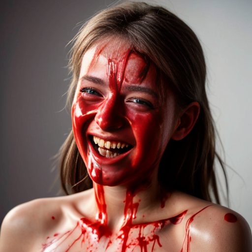 A girl dipped in blood while giggling 