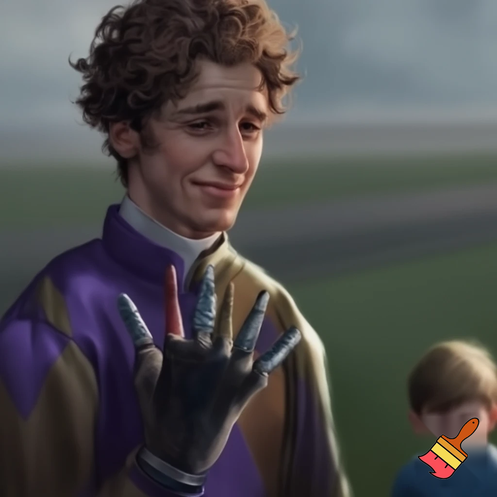 crer un image :Fillino et un frele jeune homme cheveux friser. Il est adult est petit. trois chevaliere son sur ces doigt. Celebre jockey du phoenix. très acclamer. Il se gonfle de fierter devant la reaction des fan. Il a jamais quitter la ligne de depart. fillino pleure. il fais des course d'escargot. style realiste
