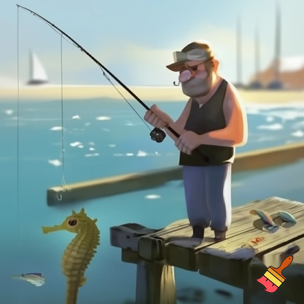 Immagine di un pescatore pensieroso ed indeciso su quale tecnica alieutica debba usare per catturare un cavalluccio marino.
Mostrare le diverse possibilità in una serie di nuvolette nel cielo azzurro.
Lo stile deve essere cartoon.