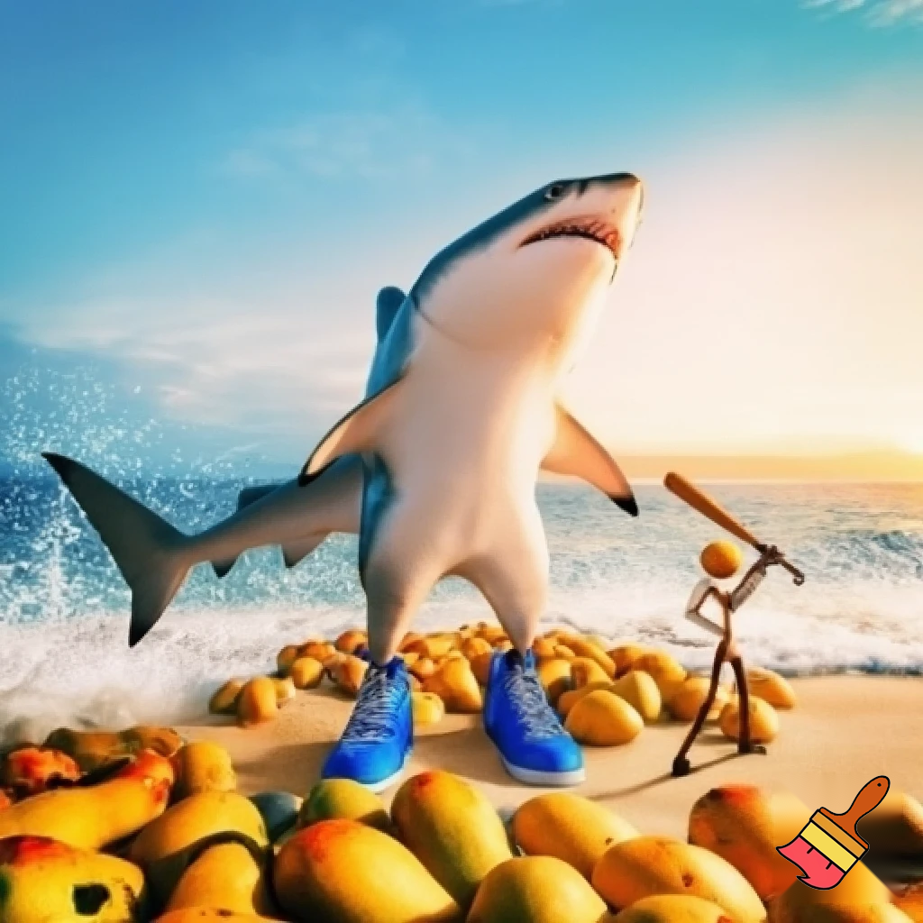 make me a shark with blue shoes and make him by the ocean, while he has 67 mangos and a stick guy holding a wooden bat is with him