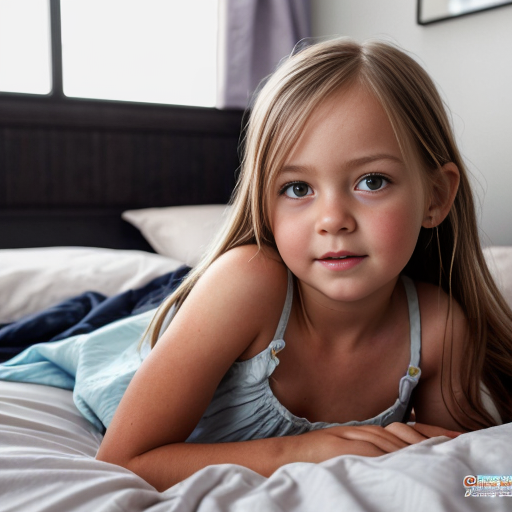 swedish little girl, long brunette hair, night dress, on the bedroom, close up
