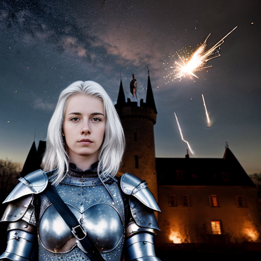 young white-haired woman in armor watches as meteorites fall on her castle