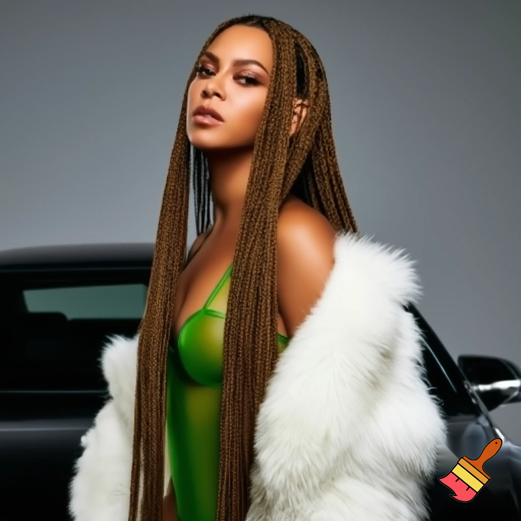 Beyonce with long african brown box braids with brown makeup wearing a dark pastel transparent green bodysuit with a white fur coat on standing in front of a car ,photoshoot, face angle face  ,face angle close up 6 differents poses