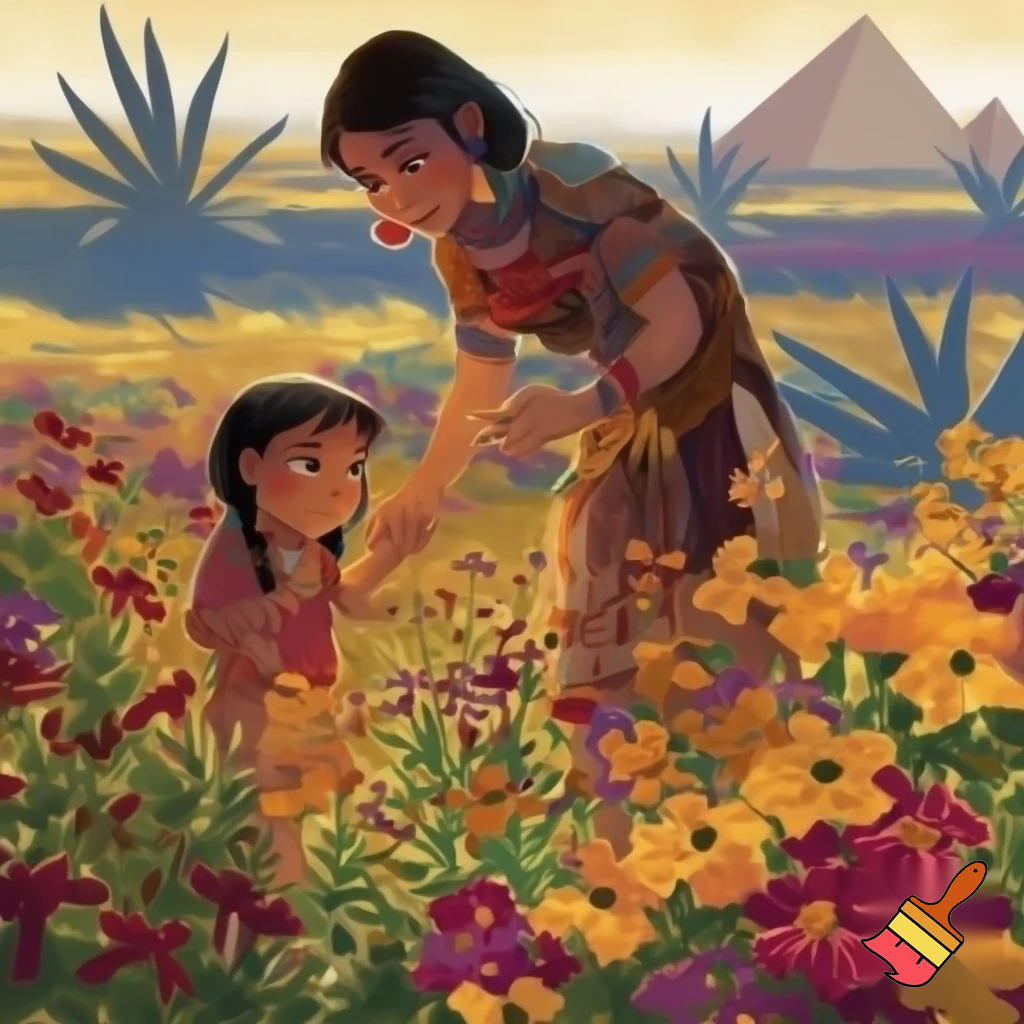 Ancient Aztec mother and nine year old daughter picking flowers