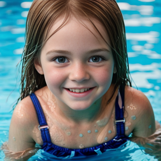 Swedish little girl, at age 5, auburn hair, straight hair, swim suit, smiling