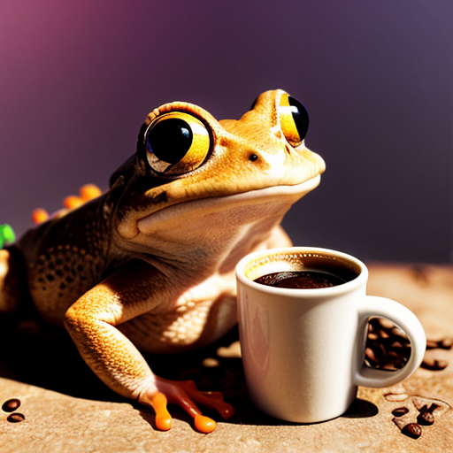 A hillarious, funny boho toad with some hippie colored coffee cups. Psychedelic decorated background.