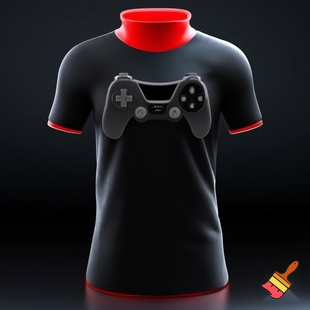 Crea una maglia da calcio nera con un colletto alto rosso e altri dettagli in rosso. È nera. Al centro ha un controller da videogiochi nero con i contorni che richiamano il colore del colletto