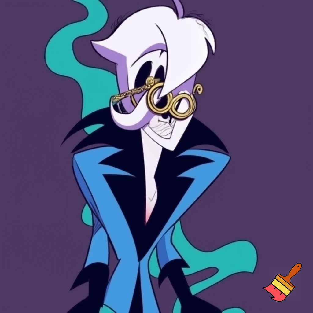 A tall, lean pale man with white hair, distinctive round brass glasses In cartoonish art style of hazbin hotel wearing his signature blue overcoat and smoke curling around him