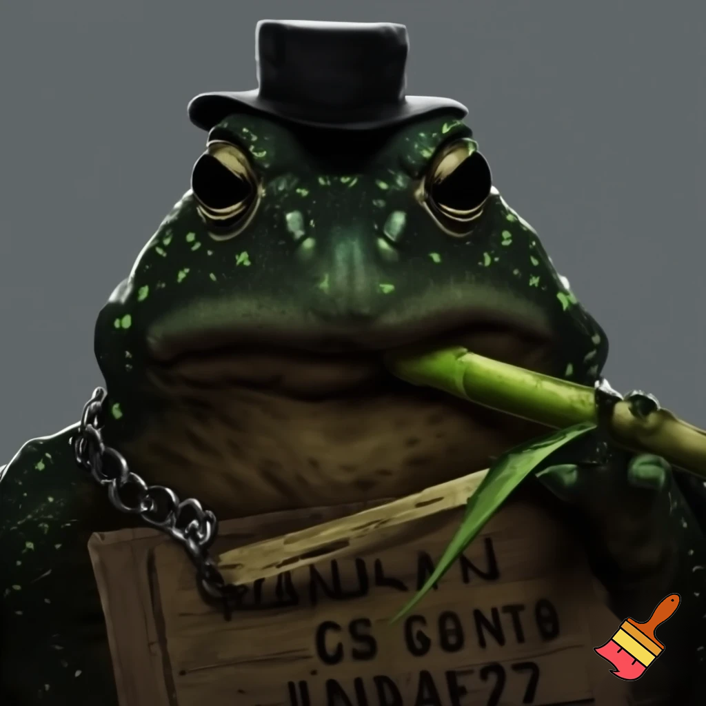 a toad with dark green skin and small little light green glands with a frown smoking sugercane plant with a short tophat in a mughshot  dont make the frog hold the sugercane put it in the toads mouth and make the toad hold a sign saying Cane Toad with the number 659098 and make sure to put in a mughshot