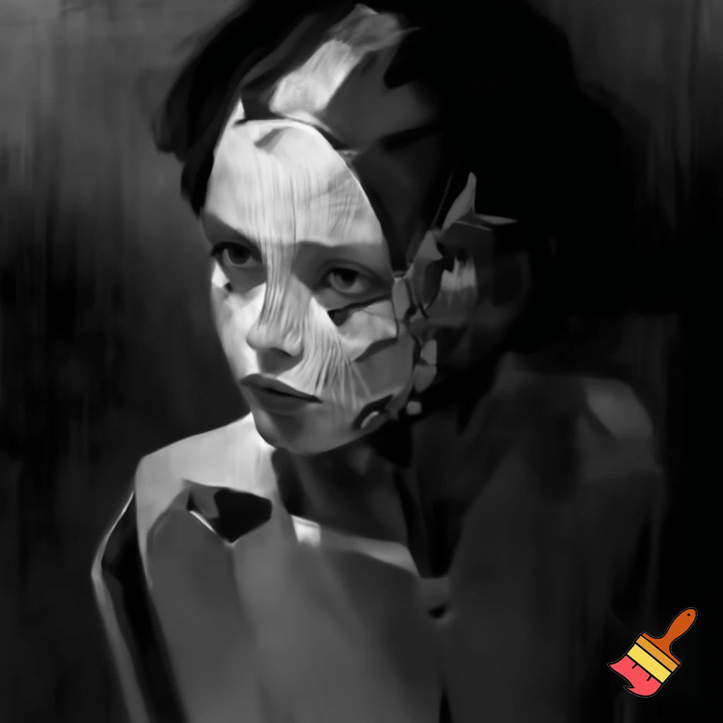 Bio-mechanical girl portrait, noise art. In the style of a 1920's German Expressionism. Black & white.