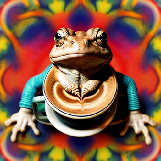 A hillarious, funny boho toad with some hippie colored coffee cups. Psychedelic decorated background, hyperrealistic. Close-up view.