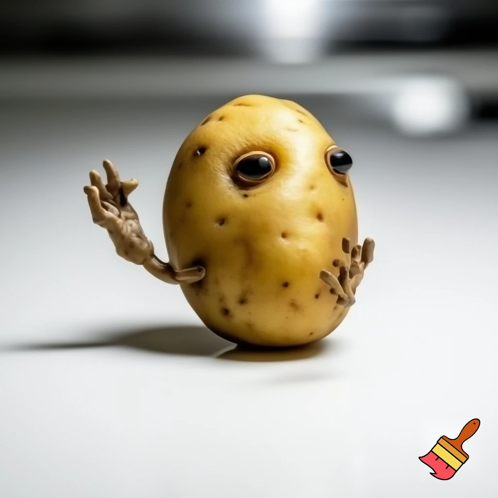 a potato having eyes and hands saying cheese
