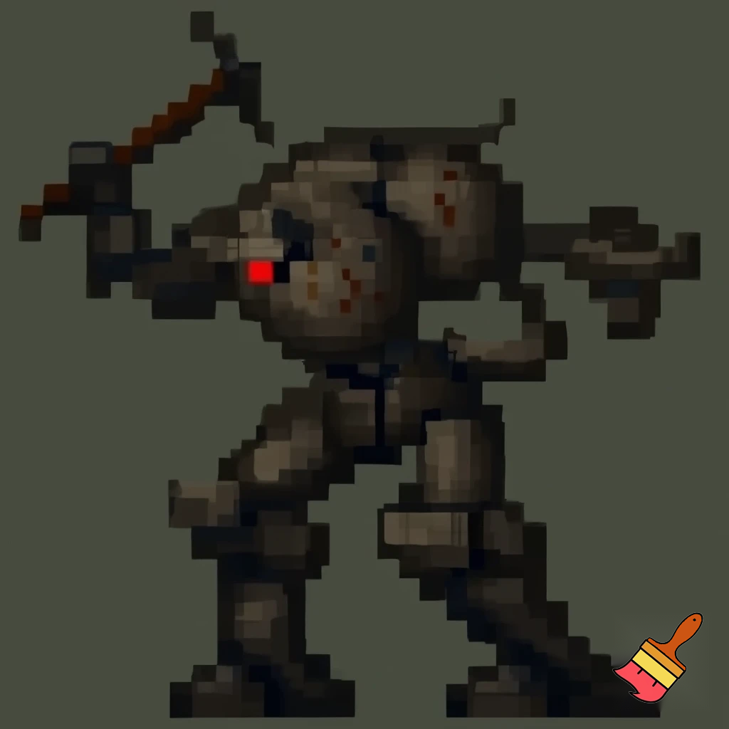 Make a robot enemy that could dig and throw there pickaxe at you huminoid robot shape. Pixel art no background
