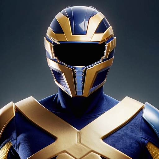A midnight blue Mighty Morphin ranger with megalodon like features on the helmet and the spine in the full body like a picture of the full body