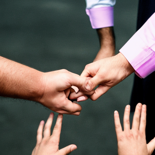 A Muslim, a Christian, and a Jew holding hands with hearts in the background 